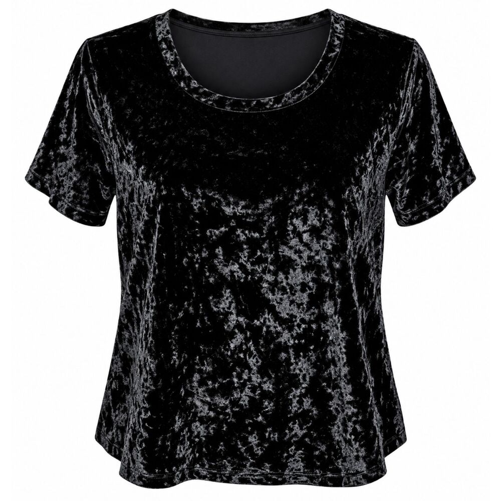 Madison & Berkeley Black Crushed Y2K 90s Velvet Short Sleeve Scoop Neck Blouse